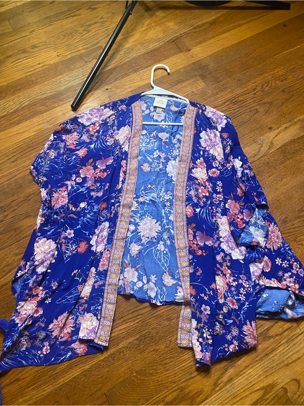 Knox Rose Blue Floral Boho Kimono Cardigan M/L Tassel Open Front - Picture 2 of 6